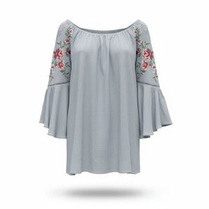 Umgee Grey Floral Embroidered Blouse, Size Small